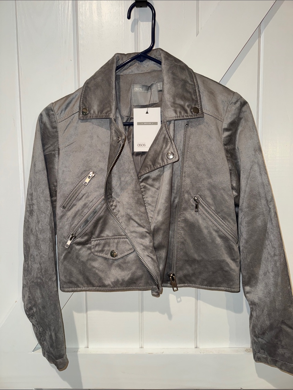 ASOS Petite Gray Faux Suede Moto Jacket Cropped Biker Jacket NWT US 0